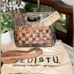 NWT Bed Stu Leather Keiki Crossbody Bag Handbag Black Lux Tan Rustic MSRP $235